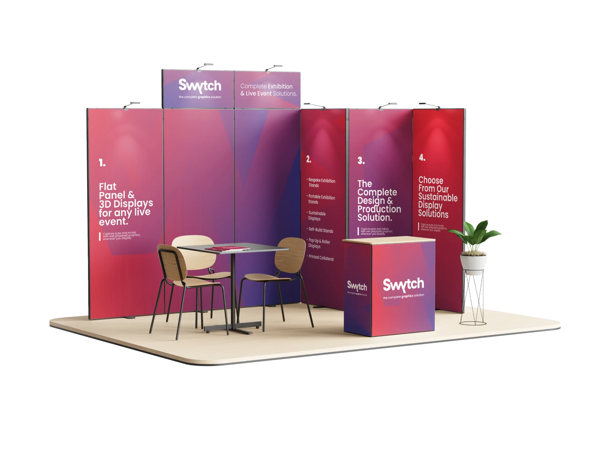 Swytch exhibition stand build with flat panel and 3D display graphics